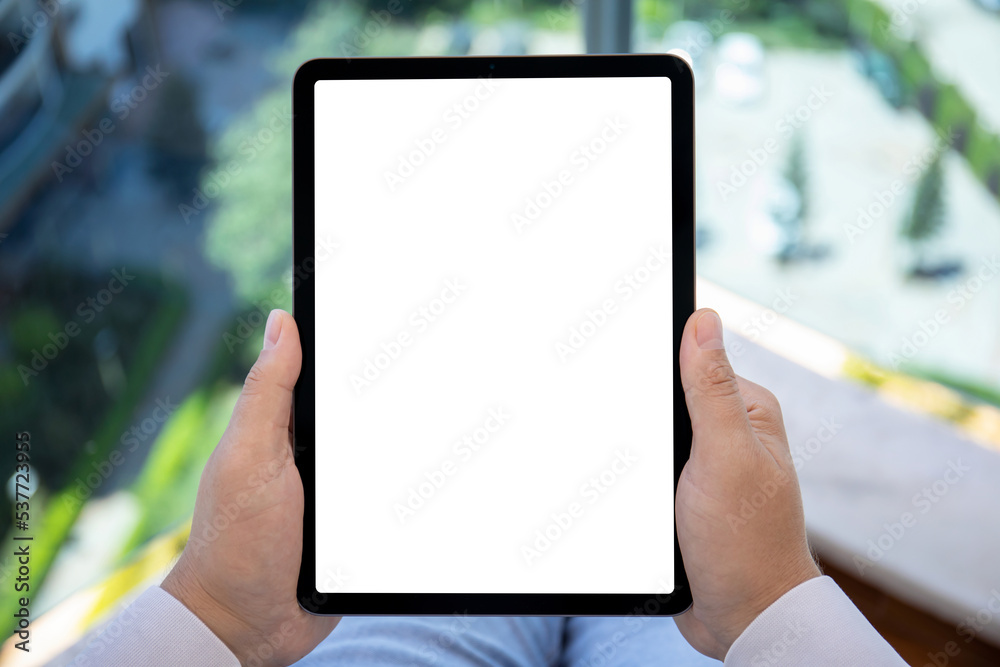 man hands hold computer tablet with isolated screen background office