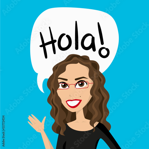 Illustration of a girl with a speech bubble with the word Hola in Spanish