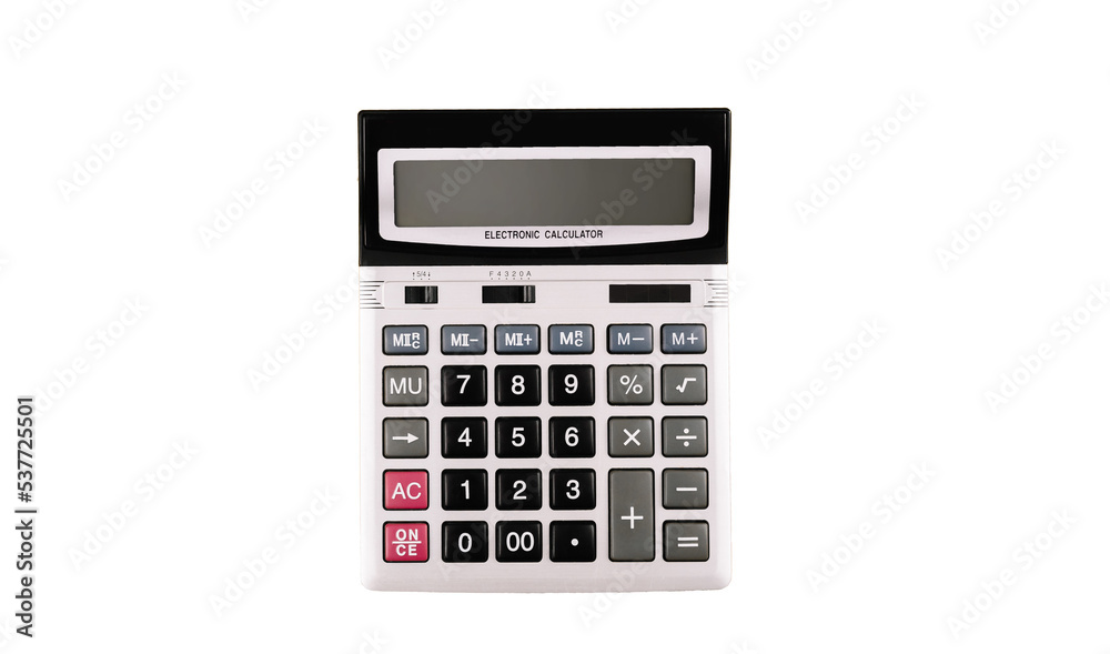 Big silver electronic calculator with gray and black buttons. Large digital object cut from background. Isolated image. Financial tool. Count instrument. Numbers. Top view. Flat lay. Office stationery Big silver electronic calculator with gray and black buttons. Large digital object cut from background. Isolated image. Financial tool. Count instrument. Numbers. Top view. Flat lay. Office stationery