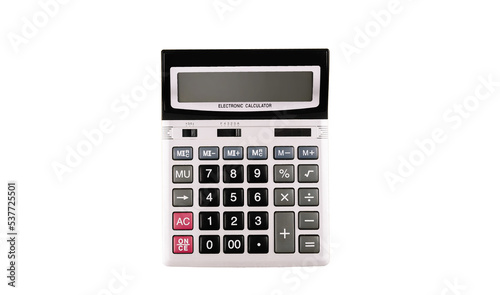Big silver electronic calculator with gray and black buttons. Large digital object cut from background. Isolated image. Financial tool. Count instrument. Numbers. Top view. Flat lay. Office stationery photo