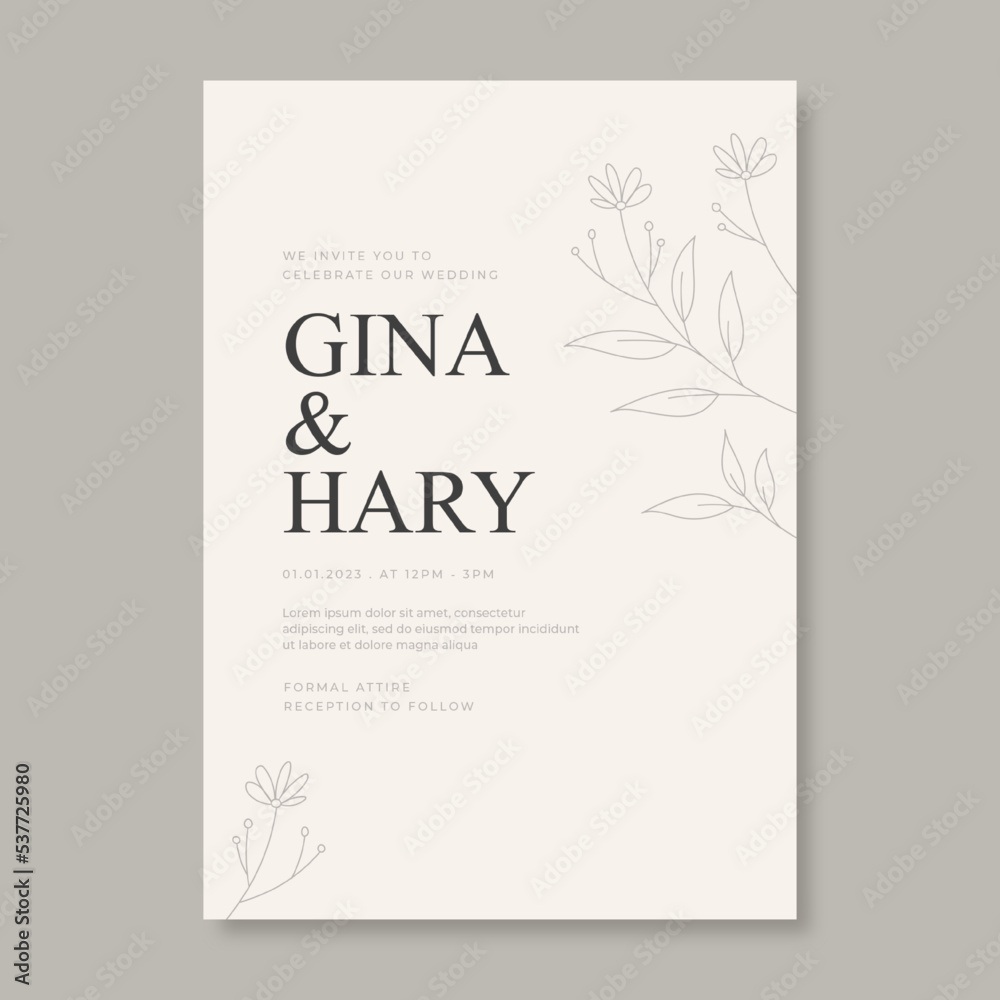 Hand drawn minimal wedding invitation. Wedding invitation concept. Floral poster, invite. Vector decorative greeting card, invitation design background