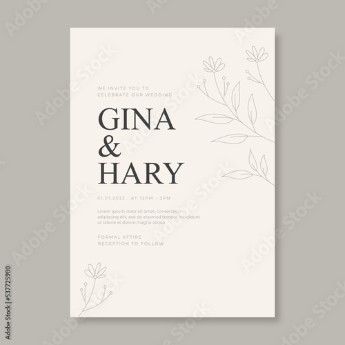Hand drawn minimal wedding invitation. Wedding invitation concept. Floral poster, invite. Vector decorative greeting card, invitation design background