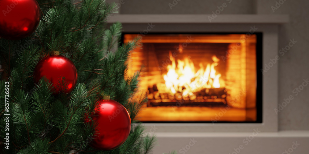Christmas tree and burning fireplace, warm home. Fire burning