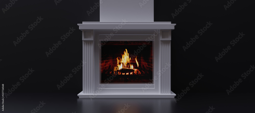 Marble fireplace, firewood burning. White fireside isolated on black bacground