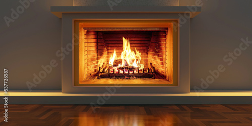 Burning fireplace  cozy home interior. Fire burning  wooden floor  front view