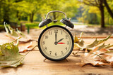 Daylight Saving Time, Fall Back one hour. Black clock on wood, autumn trees background