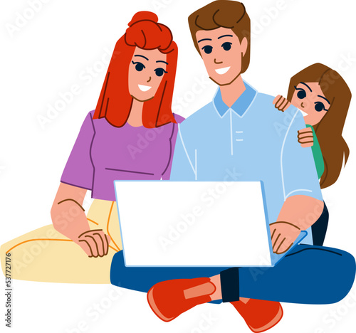 family using computer vector. home computer, mother child girl, father together, laptop using, kid sofa, daughter woman family using computer character. people flat cartoon illustration