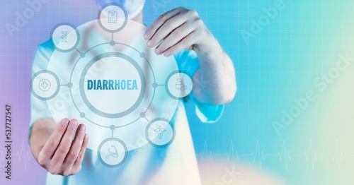 Diarrhoea. Medicine in the future. Doctor holds virtual interface with text and icons in circle.