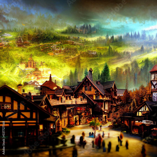 Fantasy village located in the mountains. Wooden houses, beautiful mountains, warm colors. High quality illustration