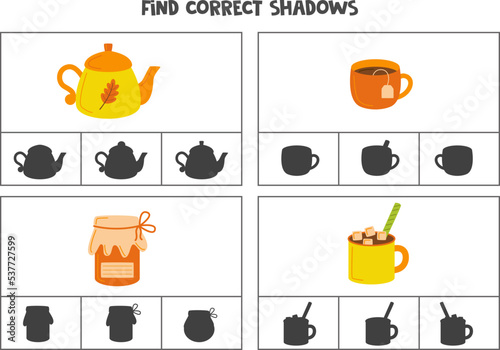 Find correct shadow of autumn items. Printable clip card games for children.