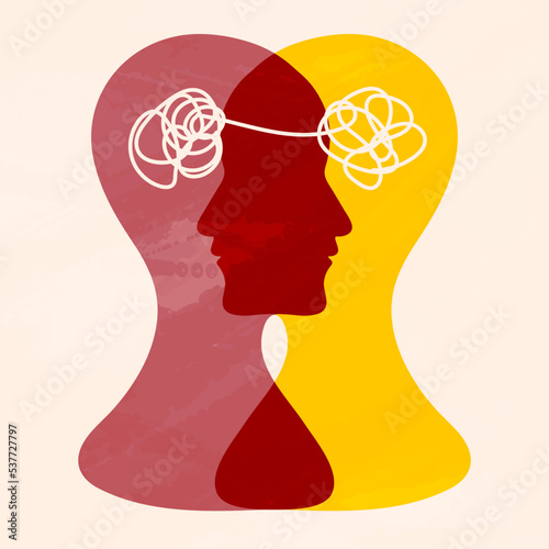 Metaphor bipolar disorder mind mental. Double face. Split personality. Concept mood disorder. 2 Head silhouette.Psychology. Mental health. Dual personality concept. Tangle and untangle