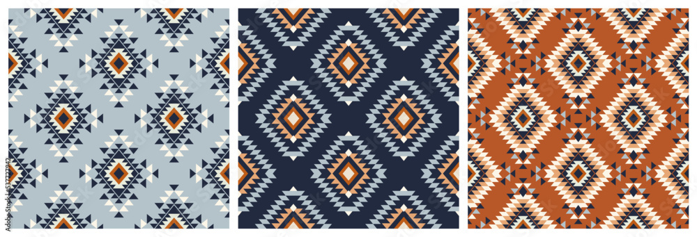 Tribal navajo seamless pattern. Color mexican, aztec and maya ornament, ethnic stylish fabric geometric print wallpaper texture vector set. Unique folk, national culture collection - obrazy, fototapety, plakaty 