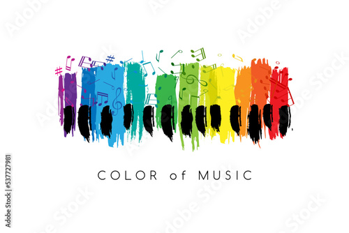 Rainbow piano keys with notes. Colorful music conceptual vector composition with splash paint elements. Design element for concert, holiday or festival.