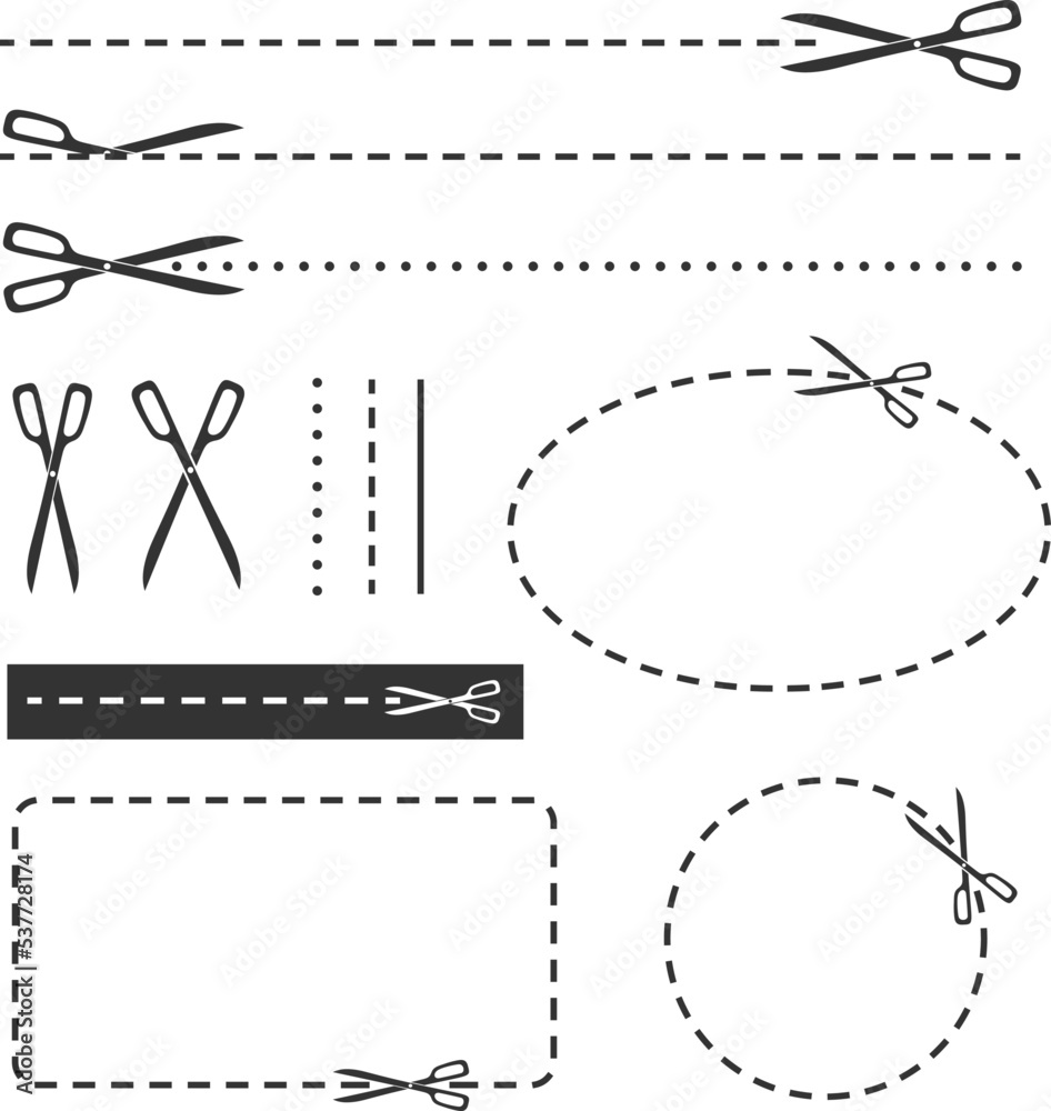 Fototapeta premium Cut line with scissors and coupons collection. Vector design elements