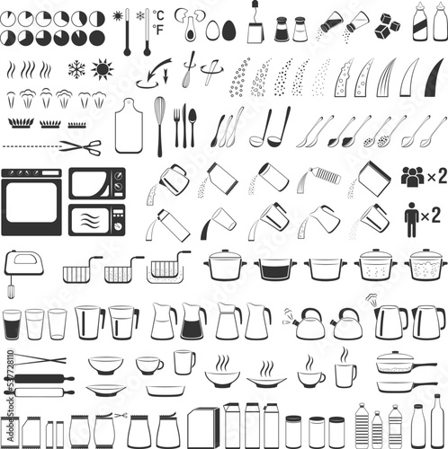 Cooking signs, for manuals on packing. Cooking Instruction icons set.