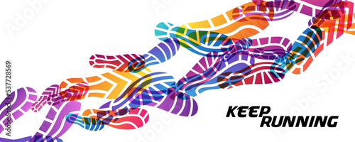 Sport colorful background with silhouettes of footprint.  Conceptual vector illustration of marathon or jogging or run festival.