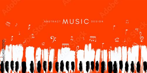 Piano concert poster. Music conceptual illustration. Abstract style red background with hand drawn piano keyboard and flying notes.