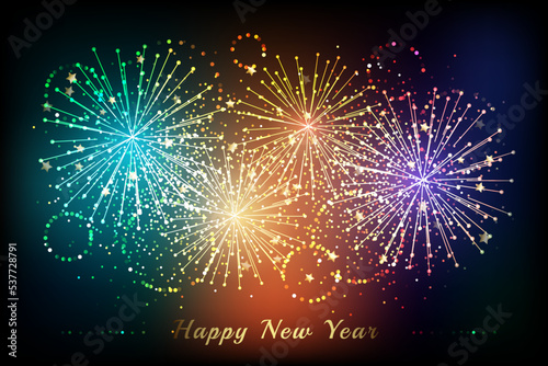 New year fireworks background. Colorful celebration vector illustration with flashes and sparklers elements.