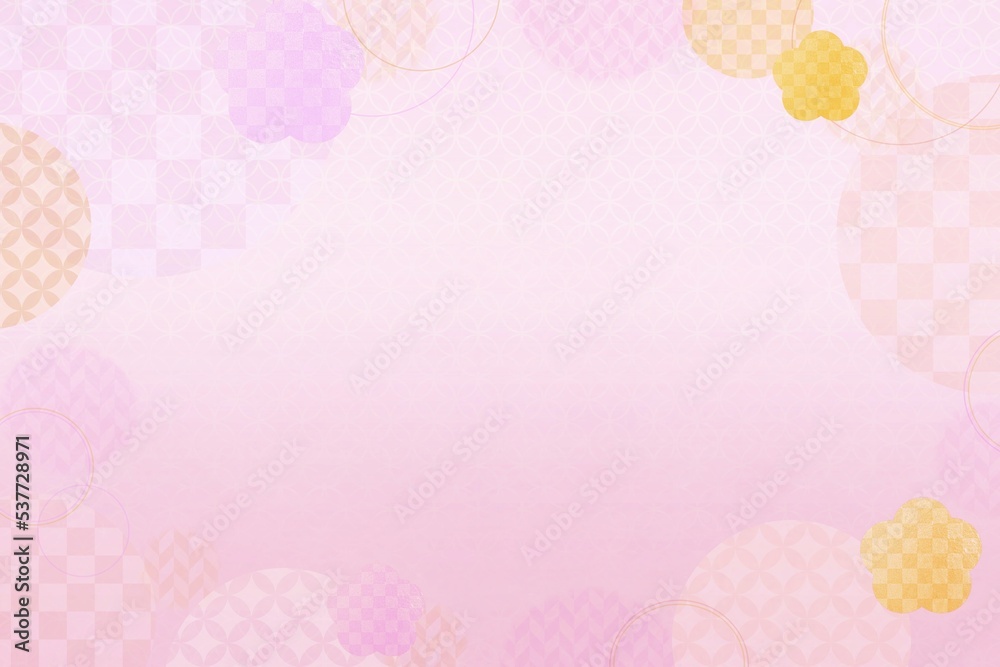和柄と市松模様と梅のピンクの年賀状背景