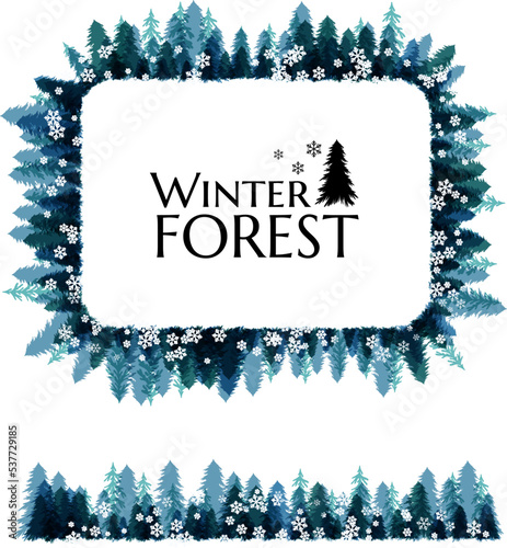 Winter snowy forest. Christmas tree decoration or design  elemets. Square frame with horizontal diveder