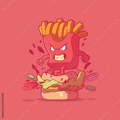 French fries smashing a burger vector illustration. Food, brand, mascot design concept.