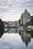 Landscape view of the of the Oust river and the chateau castle of the medieval village of Josselin, Morbihan Department, Brittany Region, France