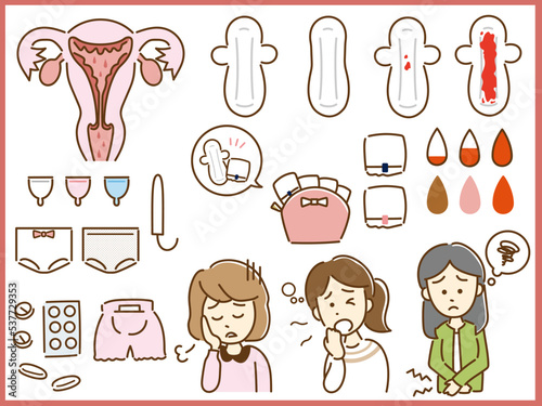 生理用品、体調不良など生理イラストアイコンセット