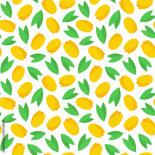 Floral seamless pattern. Vector illustration yellow tulips and green leaves on white background. Textile and packaging paper design.