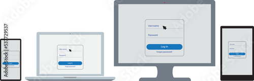 Login and password window on different screens. Computer monitor, laptop, tablet, smartphone. Vector Illustration
