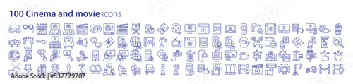 Collection of icons related to Cinema and movie, including icons like movie theater, Movie Ticket, Reel, Director and more. vector illustrations, Pixel Perfect