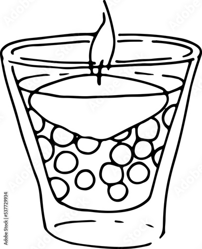 Floating burning candle. Hand drawn in doodle style, vector illustration isolated on white background. Candle floating in a decorative glass, aromatherapy.
