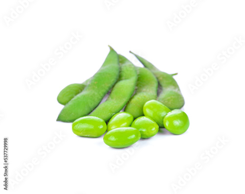 green soybeans on white background