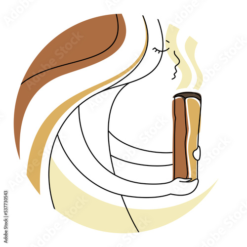 The girl holds a stick of Palo Santo, enjoys the aroma. Palo Santo incense stick from Latin America. Flat vector illustration.