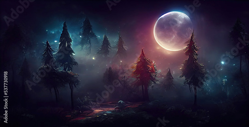 Bright moon over magical dark fairy tale forest at night