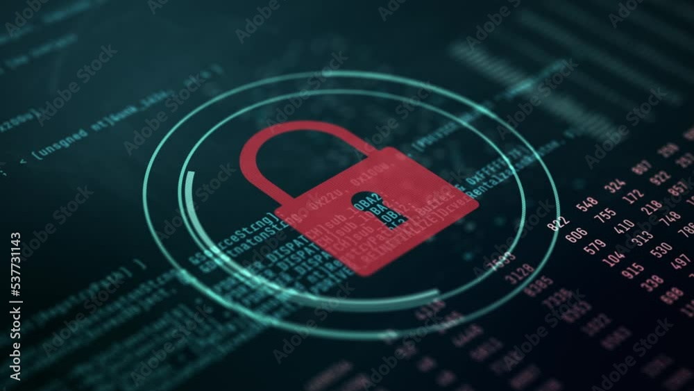 close-up of a computer monitor, random data and code on background, circular futuristic hud with a padlock, concept of computer security and data protection (3d render)