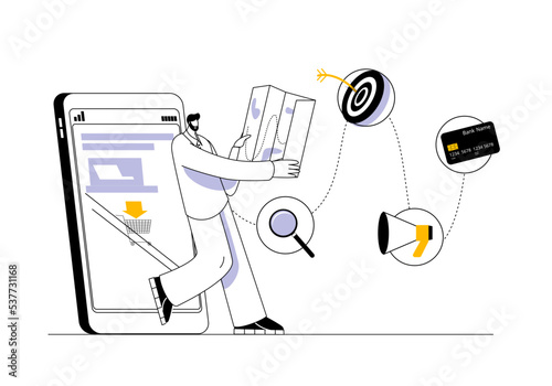 A user with a map exits the phone along a trajectory with various icons. Vector illustration on the theme of the customer journey.