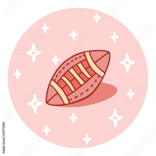 Cute hand-drawn rugby ball in doodle cartoon style. Round composition in neutral candy colors. Kawaii element for card, social media banner, sticker, kids playroom decor. Vector illustration