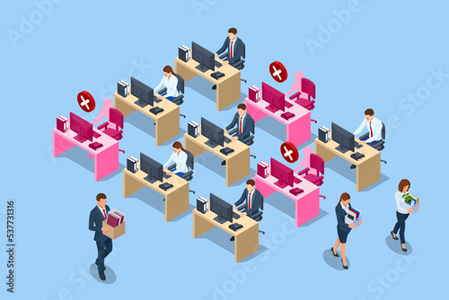 Isometric Layoffs and Dismissal. Workforce Reduction, Downsizing, Reorganization, Restructuring, Outsourcing. Unemployment, Jobless, Employee Job Reduction Metaphor. Sad Fired Office Worker with Box photo