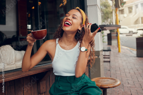 Photography Black woman in cafe, listening to audio message on 5g smartphone and laughing alone in San Francisco