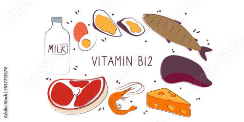 Vitamin B12 cyanocobalamin, cobalamin. Groups of healthy products containing vitamins. Set of fruits, vegetables, meats, fish and dairy photo
