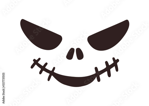 Scary Halloween face stencil, silhouette with creepy sewed smile, stitched mouth. Spooky monster character with evil facial expression, emotion. Flat vector illustration isolated on white background