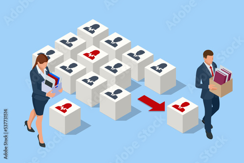 Isometric Layoffs and Dismissal. Workforce Reduction, Downsizing, Reorganization, Restructuring, Outsourcing. Unemployment, Jobless, Employee Job Reduction Metaphor. Sad Fired Office Worker with Box