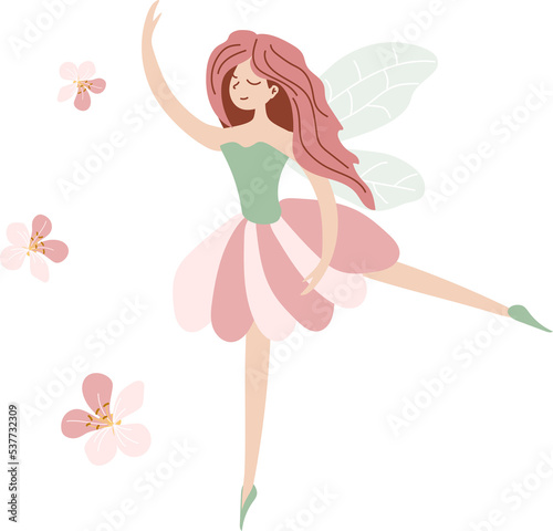 Pink Flower Fairy with flowers. A fairy-tale character. Illustration in hand-drawn style for decoration, postcards