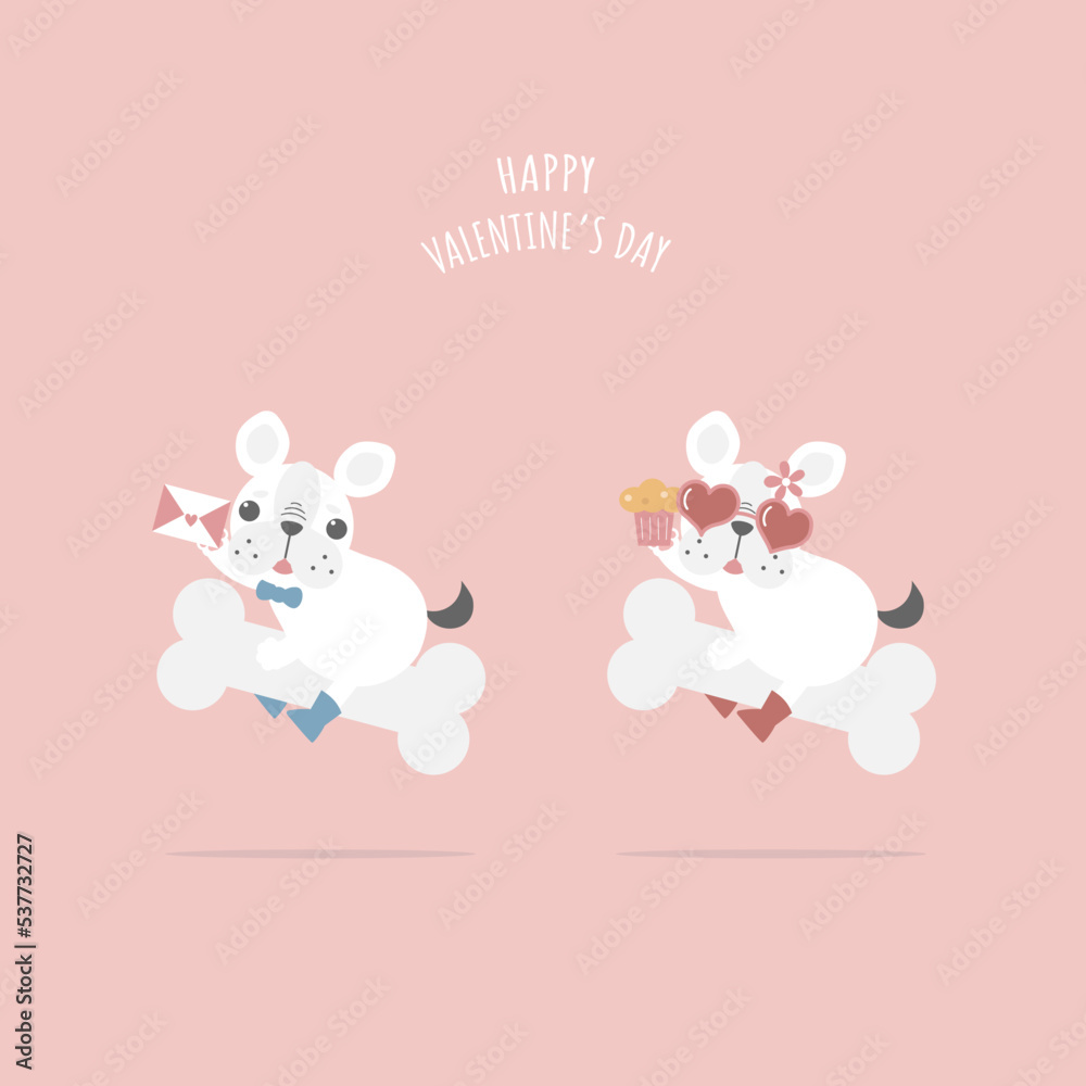 cute and lovely hand drawn cute couple french bulldog pug with bone, happy valentine's day, love concept, flat vector illustration cartoon character costume design