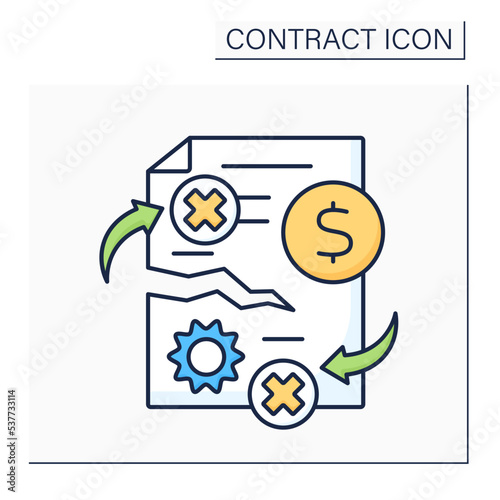 Contract breach color icon. Civil wrong. Violation of any of agreed-upon terms and conditions of binding contract. Contract concept. Isolated vector illustration