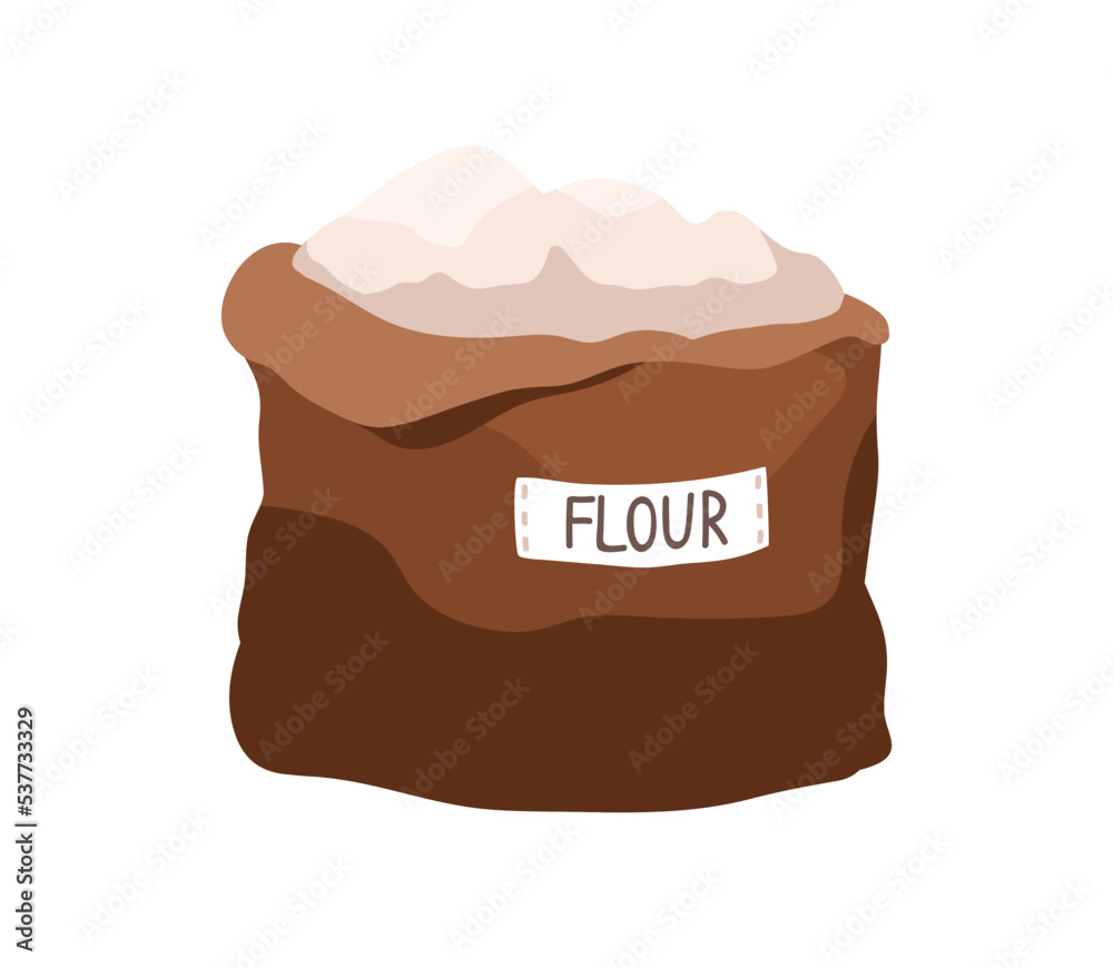 Bag of wheat flour. Heap, pile of milled cereal powder in open sack, package. Flat vector illustration isolated on white background Bag of wheat flour. Heap, pile of milled cereal powder in open sack, package. Flat vector illustration isolated on white background