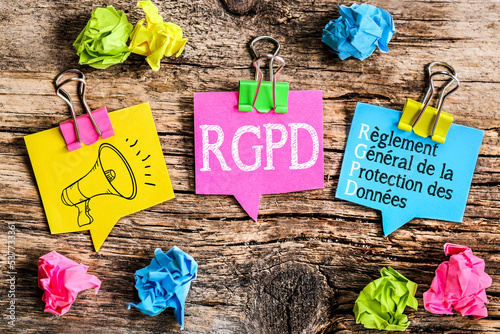 Colorful speech bubbles with clipping concept with the acronym rgpd photo