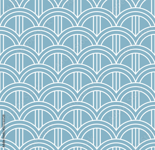 Ornamental arches pattern. Decorative background in duck egg blue and white.