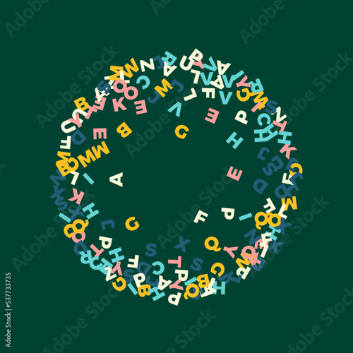 Falling letters of English language. Pastel flying words of Latin alphabet. Foreign languages study concept. Bizarre back to school banner on blackboard background.