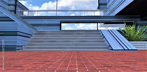 Metal cladding of the exterior of a futuristic country house. Wide steel staircase. Stylish red kipich paving stone. Beautiful banner for an article about the real estate of the future. 3d rendering. photo